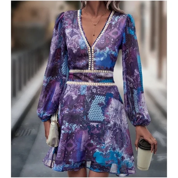 BellanBlue Dresses | Boho Floral Paisley Print Lace Trim Dress | Color: Blue/Purple | Size: 6 | Bellanblue's Closet